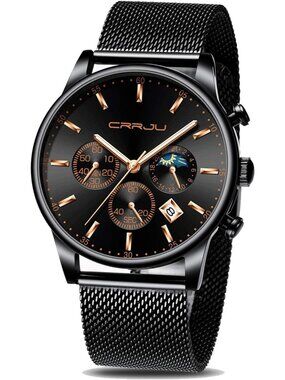 Mens Black Rose Gold Chronograph Waterproof Steel Quartz Mesh Strap Casual Watch